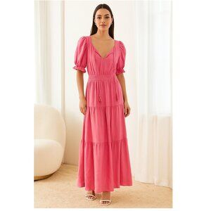 NWT Moon River Anthropologie Puff Sleeve Tiered Cut Out Maxi Dress Size XS